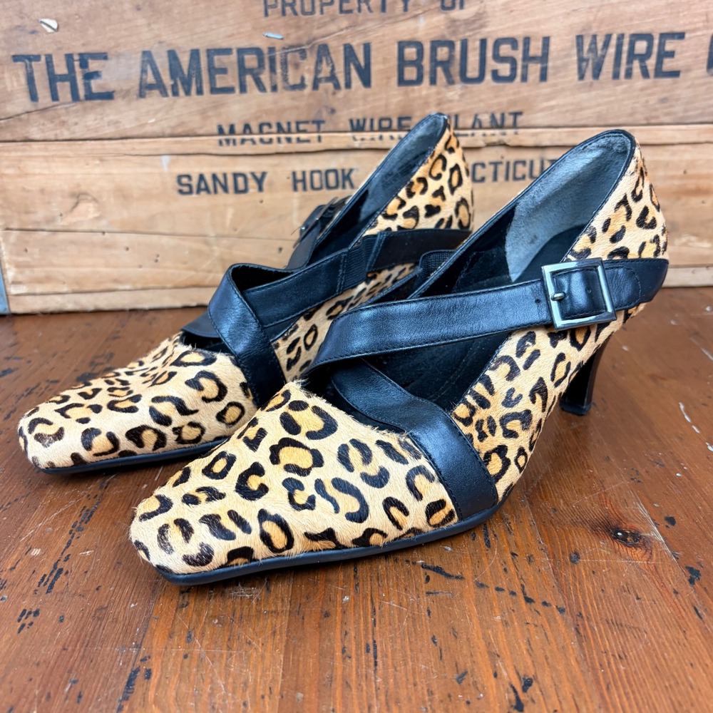 Aerosoles Leopard Print Womens 6.5 Calf Hair Square Toe Heels Buckle Strap Pumps